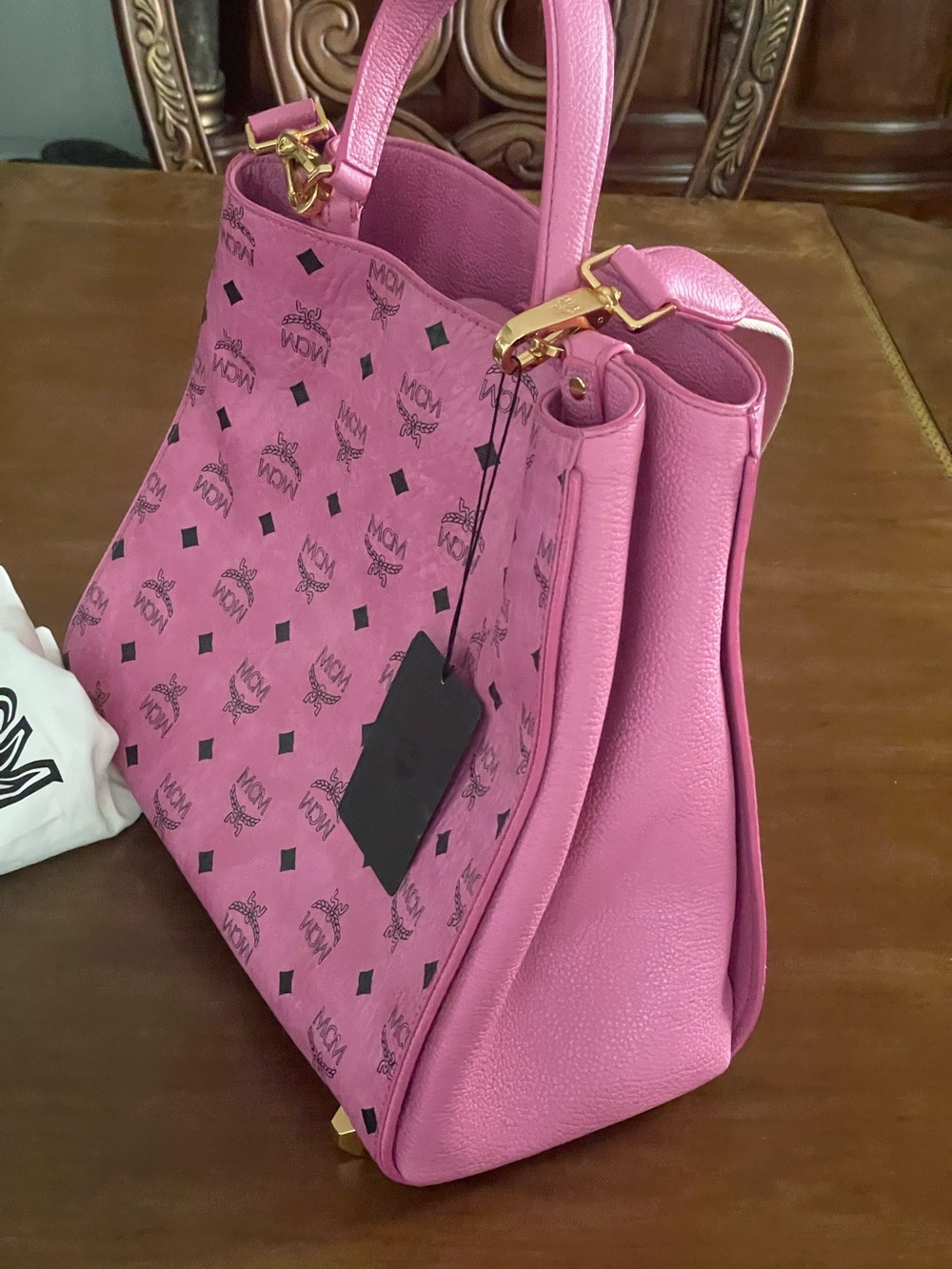 MCM Pink Visetos Signature Satchel with Gold Hardware - Picture 2 of 16
